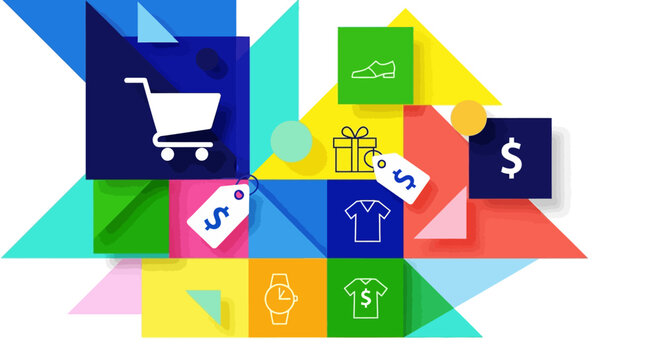 E-commerce icons, colorful business symbols, shopping signs, financial logos, vector graphics