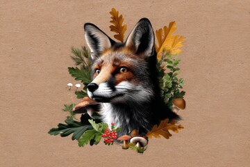 Fototapeta premium Hand-Drawn Illustration of a Fox Head Surrounded by Natural Elements and Forest Flora