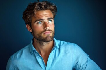 Fototapeta premium confident relaxed young man with tousled wavy hair wearing open-collar light blue shirt against deep blue studio background
