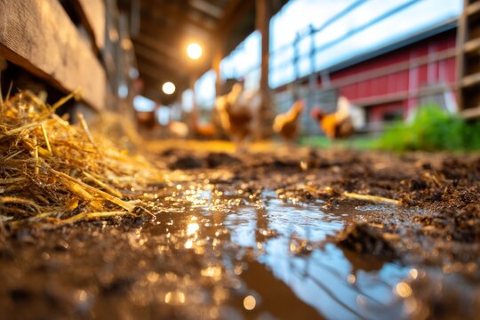 Free Range Duck Barn with Muddy Ground and Textures, Captured at Dusk in Natural Farm Environment