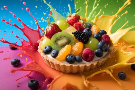Colorful Fruit Tart with Splashing Juice on Vibrant Background in Bright Mixed Colors
