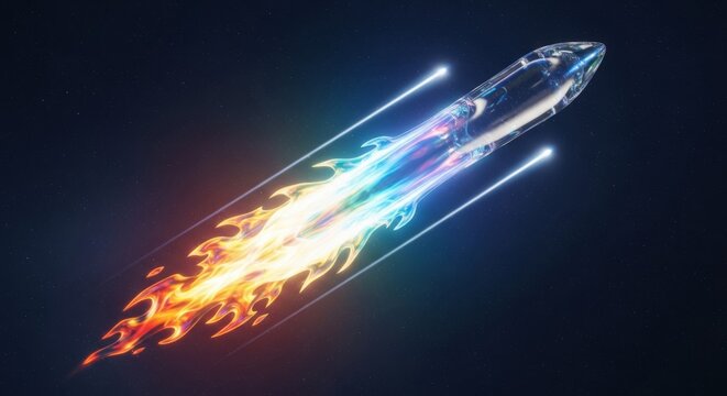 Futuristic holographic rocket ship with vibrant fiery exhaust blasting through space