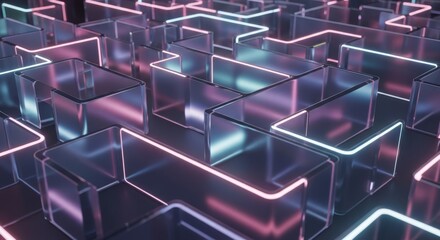 Obraz premium Abstract geometric maze with glowing neon lines in a futuristic, dimensional design