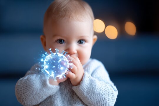 Baby Holding a Soft Shield Against Viruses, Representing Immune Protection and Health Awareness Concepts