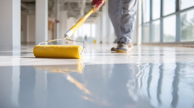 Worker applying epoxy resin flooring with a roller on a smooth, glossy, gray surface in a modern interior space