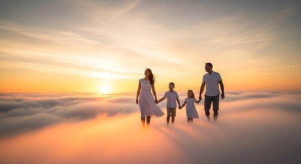 Fototapeta premium Family walking on clouds at sunset.