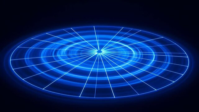 Elegant Business Circular Concentric Cycle Blue Glowing Digital Disc On Dark Background, Abstract Geometric Light With Radial Line And Ring, Blue Light Pattern With Motion Glow