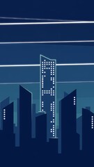 Fototapeta premium 青い光が走るサイバーパンクな未来都市のビル群イラスト