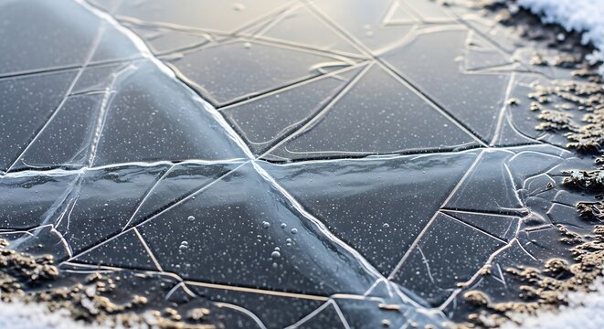 Frozen lake ice with cracks and frost.