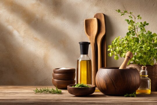 Rustic Wooden Kitchen Scene Featuring Natural Ingredients, Ground Herbs, and Soft Shadows on Textured Surface