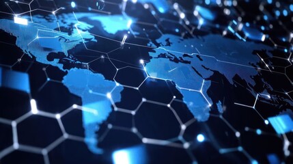 Fototapeta premium Futuristic glowing blue world map over a hexagonal network grid with illuminated connection nodes, light points and data flow conveying global digital connectivity