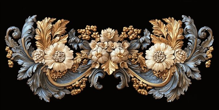 ornate floral scrollwork with gilded gold and silver leaves, clustered blossoms and berries and curling acanthus foliage on black background, opulent elegant decorative flourish
