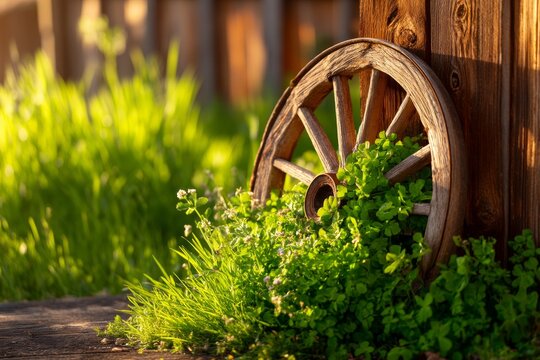 Rustic Wooden Wheel Cart Surrounded by Lush Green Grass Against a Charming Fence Background