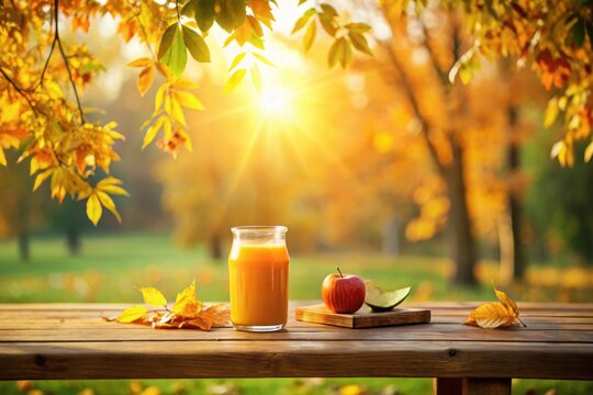 Golden Hour Refreshment A Jar of Sunshine-Colored Juice, Accompanied by Autumnal Fruit on a Rustic Wooden Table, Bathed in the Warm Glow of a Setting Sun