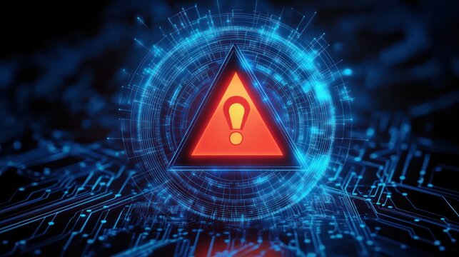 Red triangular warning icon with exclamation mark centered in blue circular digital interface over circuit board conveying urgent cyber alert