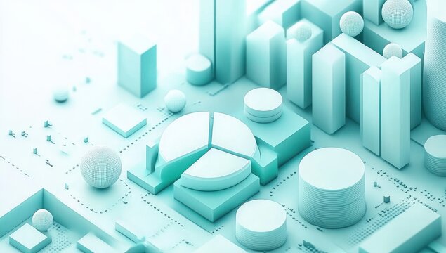 serene mint-toned 3d miniature data city of cylinders, stacked disks, cubes, rectangular towers, spheres and segmented pie chart blocks in a minimalist layout
