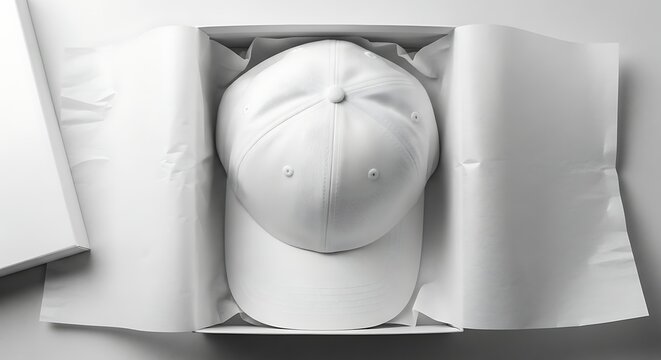 Blank White Baseball Cap Mockup in Cardboard Box with Tissue Paper for Branding Presentation. Professional Top View High-Key Unboxing Template for Apparel Design.