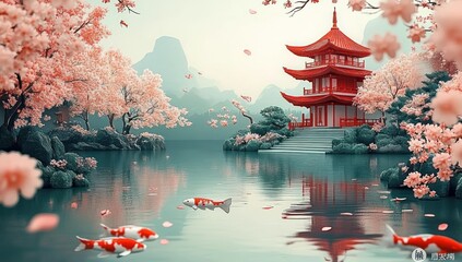 Obraz premium Tranquil lakeside scene with a red tiered pagoda, pink cherry blossom trees, koi fish swimming in reflective water, misty mountains and drifting petals