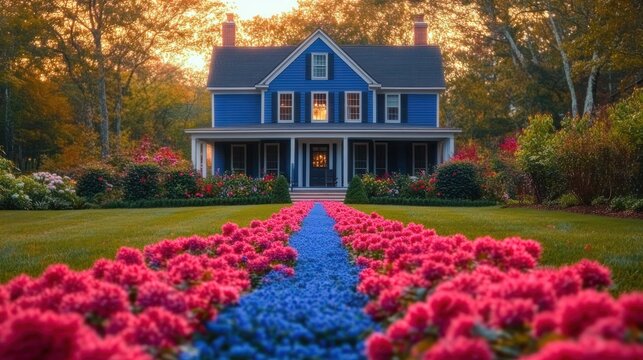 blue two-story house with inviting front porch at sunset, warm glowing windows, manicured lawn and a symmetrical path of blue and pink blooms leading to the entrance, serene and cozy