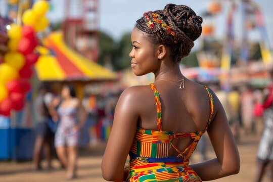 Woman in Traditional Ghanaian Kente Cloth Walking at a Festival with Colorful Background and Joyful Atmosphere