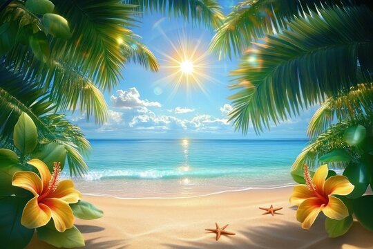Sunlit tropical beach framed by palm fronds and coconuts, bright yellow hibiscus flowers on golden sand with two starfish by a turquoise sea, tranquil and blissful