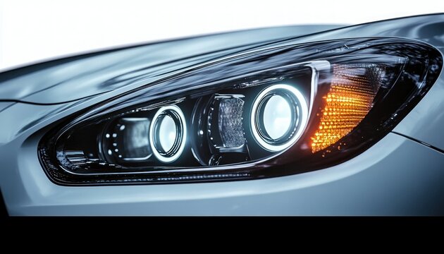 Close-up of a modern car headlight with glowing LED rings and amber turn signal on glossy silver body, evoking sleek precision and futuristic sophistication