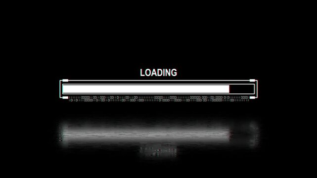 Cyberpunk loading bar animation with glitch effect. Futuristic uploading progress bar with glitch effect isolated on black background. Computer cyberpunk loading screen.