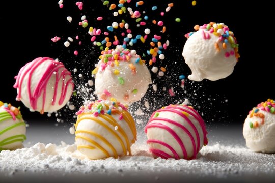 Colorful Melting Ice Cream Balls with Sprinkles in a Diagonal Composition Over a Dark Background