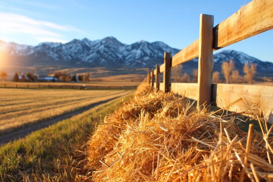 Dramatic Golden Hour Lighting on Dry Straw Bales Near a Wooden Fence in a Hot Desert Landscape