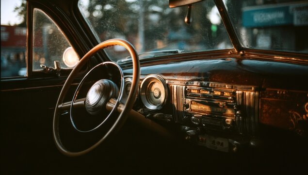 Vintage Car Interior Dashboard and Steering Wheel at Sunset.