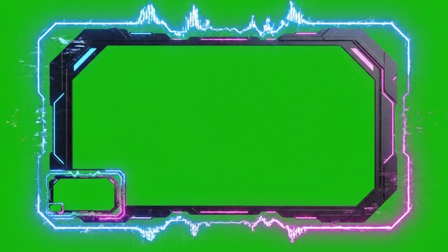 Futuristic Gaming Overlay Frame with Green Screen and Neon Lights.