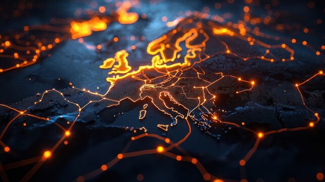 Glowing digital map of Europe with neon orange network lines and connection nodes on a dark textured surface, evoking futuristic, dynamic connectivity and energy