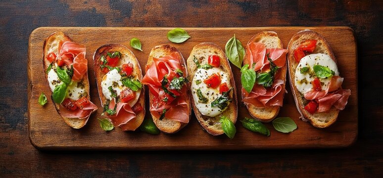 six rustic crostini on a wooden board topped with fresh mozzarella slices, thin prosciutto, diced tomatoes, basil leaves and olive oil, vibrant and appetizing