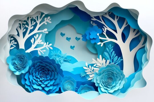 Elegant Blue Paper Cut Artwork with Smooth Curves and Graceful Composition of Flowers and Trees