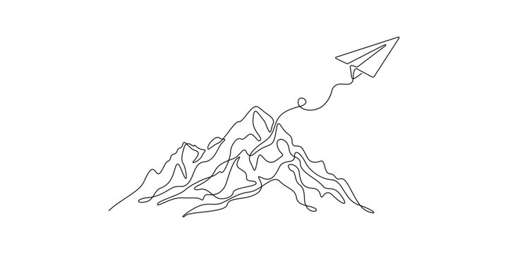 Continuous one line drawing of Mount Everest mountain peak with paper plane for travel adventure and success concept vector illustration