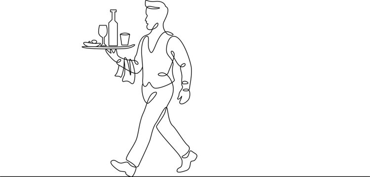 Continuous one line drawing of waiter holding tray front view minimal restaurant service vector illustration