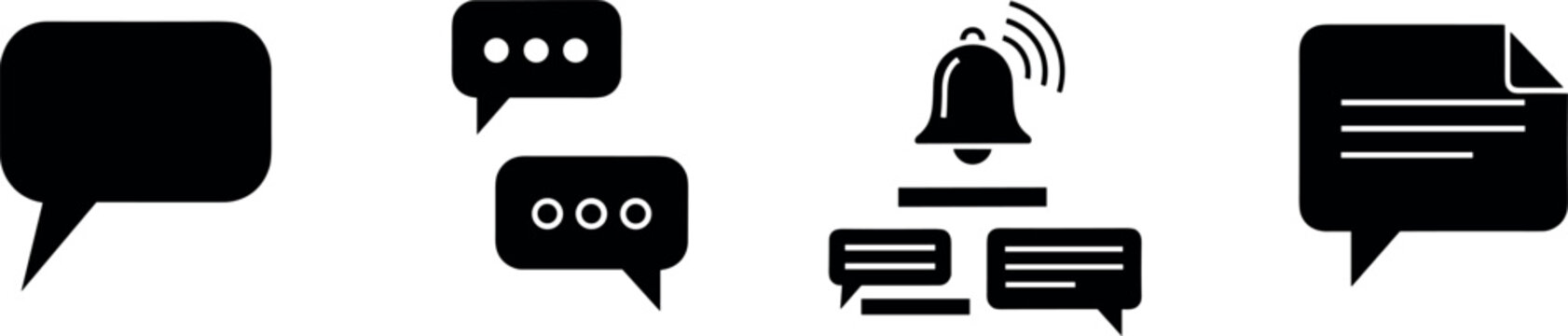 Chat and notification icon set with speech bubbles message threads alert bell and document symbols solid vector illustration