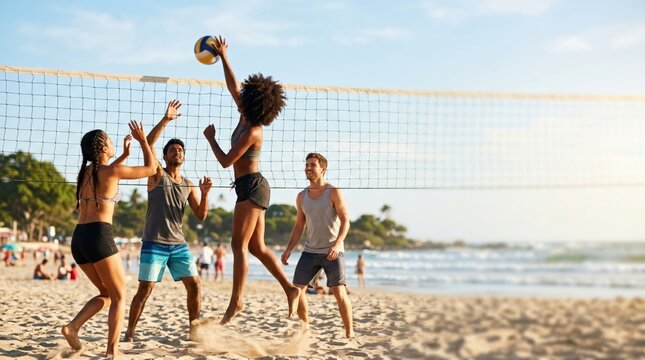 Group of Young Multiethnic Friends Playing Beach Volleyball on Sunny Summer Day
