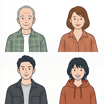 微笑みを浮かべるシニア世代の夫婦と若い男女の家族4人のセット
