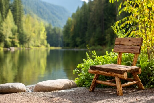 Rustic Wooden Chair by Tranquil Lake Surrounded by Lush Greenery and Still Waters Under Bright Blue Sky