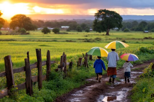 Family Strolling Together on a Dirt Path in a Rural Setting Under Colorful Umbrellas at Sunset