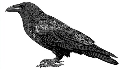 Fototapeta premium Intricate Raven Portrait: A detailed illustration of a raven showcases intricate patterns etched into its feathers, embodying mystery and artistic beauty.