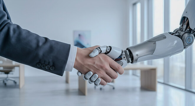 "Future of Work: Human and Robot Handshake in Modern Office"