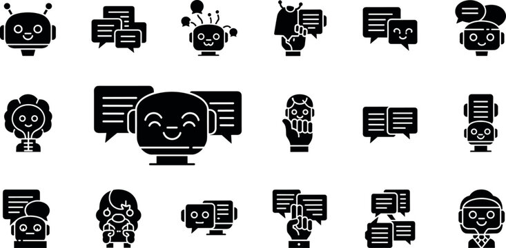 AI chatbot and messaging icon set with robot conversation speech bubbles digital assistant and communication symbols solid vector illustration