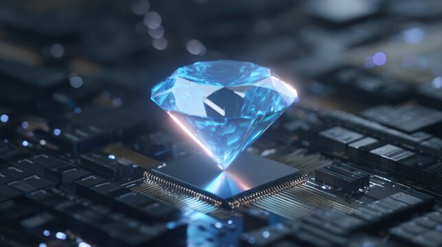 Digital Gem: A brilliant blue diamond seemingly levitates atop a circuit board, symbolizing the convergence of technology and value.