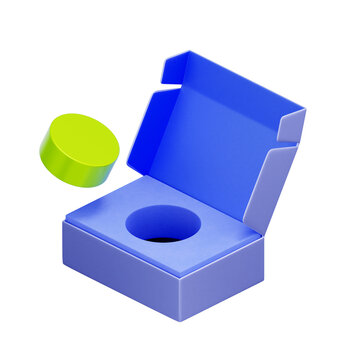 3D illustration of open box with custom foam insert and circular product for packaging design, unboxing experience, and product protection.