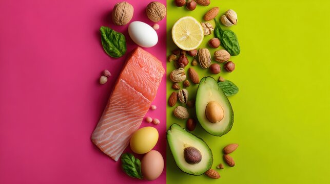 Healthy Ingredients: A vibrant, overhead shot showcasing a colorful assortment of nutritious foods, artistically arranged on a dual-tone backdrop. The image is an ode to healthy eating and well-being.