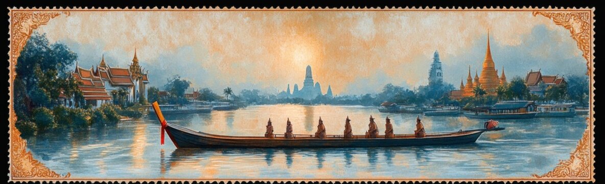 Serene long traditional riverboat with rowers gliding across a misty river at sunrise past temple spires and a golden pagoda, calm reflective waters and ornate stamp border