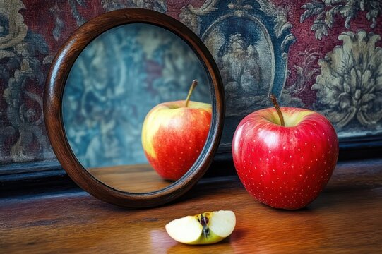 red apple and sliced wedge beside round wooden mirror on polished table with ornate tapestry background, reflective and contemplative still life