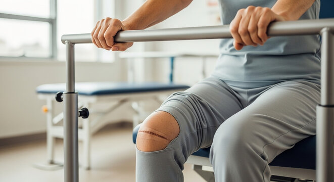 Patient rehabilitating knee injury while holding onto parallel bars for support, receiving physical therapy for recovery